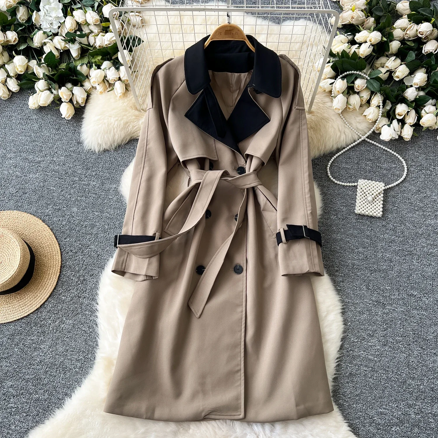 Chic Double Breasted Spliced Women Vintage Notched Collar Slim Bandage Trench Korean Office Lady High Street Autumn Winter Top