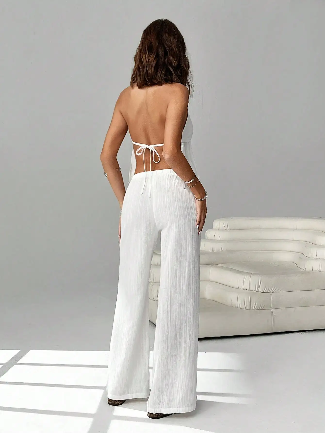 

White 2 Piece Set Halter Neck Backless Top And Wide Leg Drawstring Pants Beach Vacation Outfit