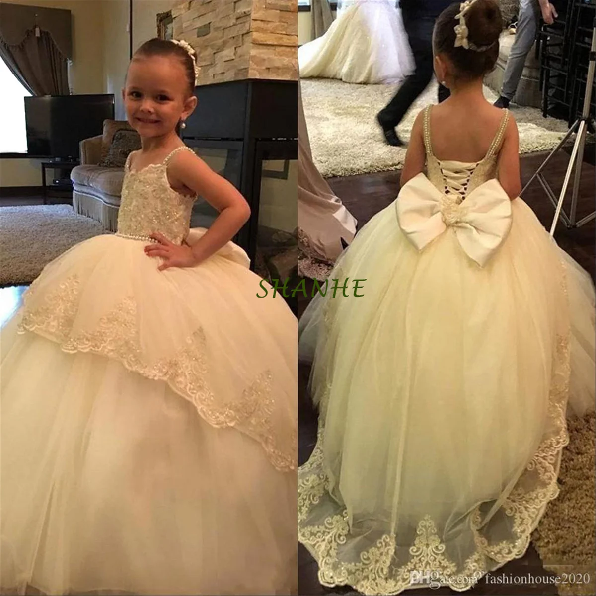 New Cute Flower Girls Dresses For Weddings Sleeveless Lace Appliques Beaded Corset Back With Bow Little Kids Holy First Communio