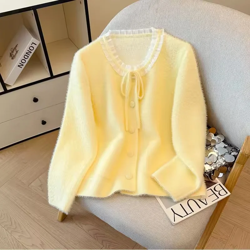 

Knitted Cardigan Sweater Women Jacket Autumn Sweet Mesh Stitching Imitation Mink Velvet Sweater Ladies Knitted Clothes Female