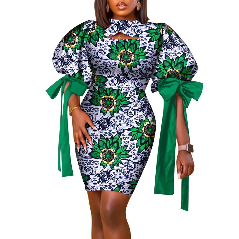 

African Print Bubble Sleeve Dress Women Bow Tie Short Bodycon Dress Sexy Hollow Out Party Vacation Evening WY8938