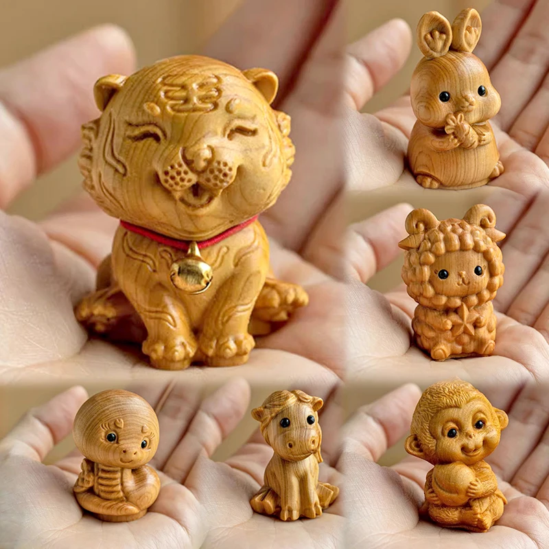 Mini Wood Carving Chinese Zodiac Dog Tiger Dragon Cute small animal Statue handicraft children's gift Ornaments