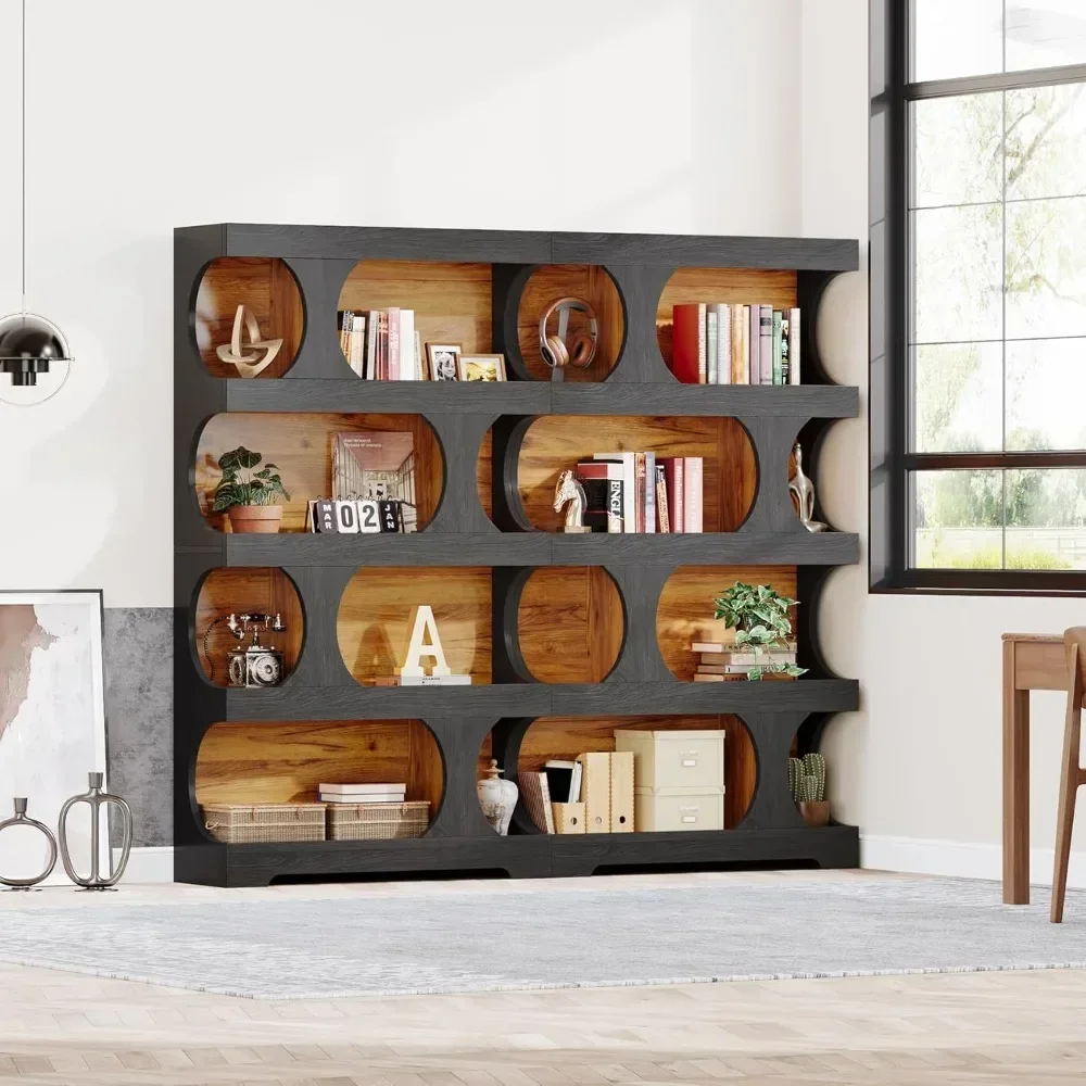 71" Tall Bookcase，4-Tier S-Shaped Bookshelf, Wood Decorative Storage Shelving, Modern Freestanding Display Shelves