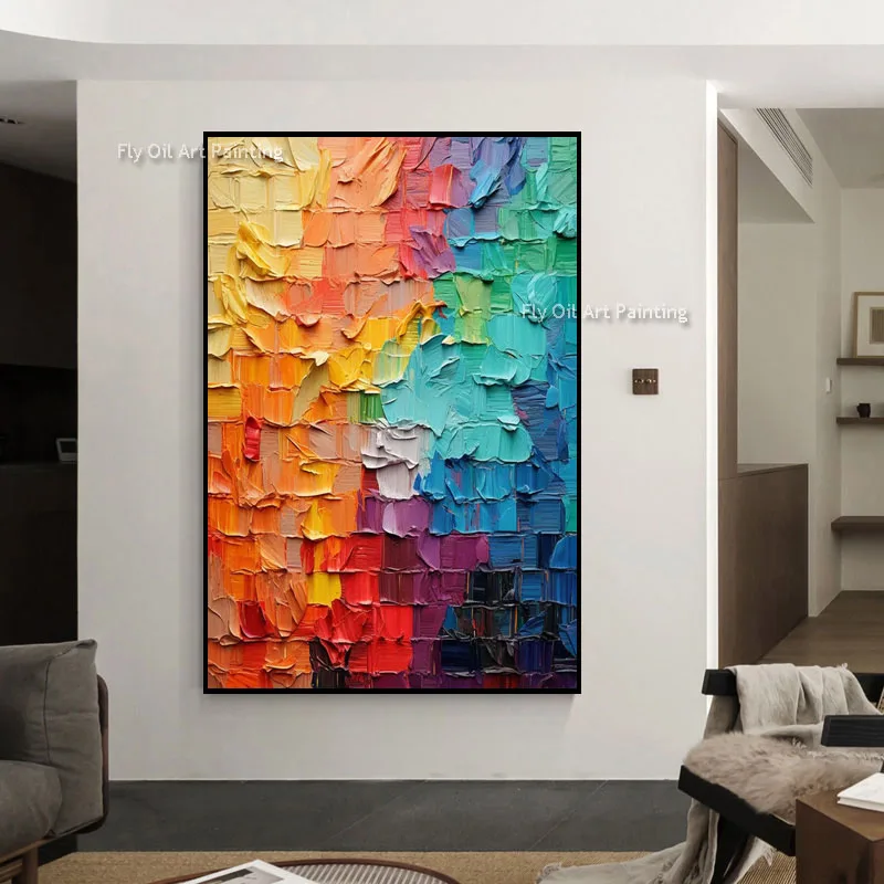 Modern Abstract Canvas, Chunky Thick Impasto in Bright Mixed Colors, Hand Painted Vertical Wall Art