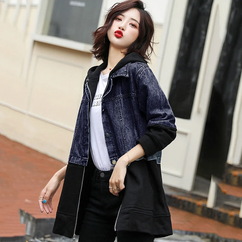  Women's Spring And Autumn TopsAutumn New Korean Version Casual All-match Windbreaker Mid-Length Hooded Stitching Denim