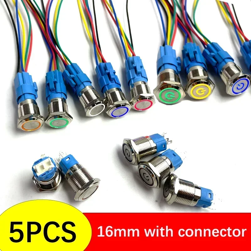 

5pc 16mm Metal Push Button Switch Ring Lamp Power Symbol Buttons Waterproof LED Light Self-lock Self-reset with Connector 12v