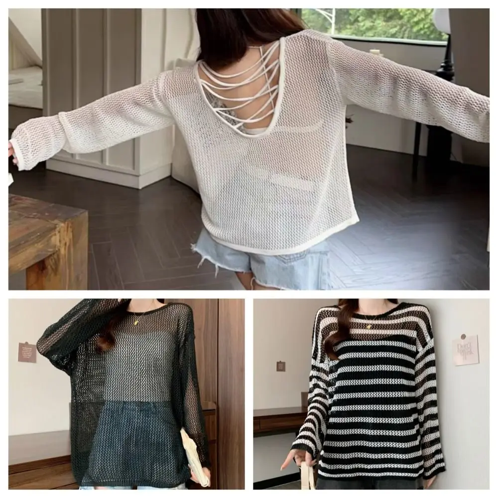 

Stylish Casual Knitted Hollow Pullover Loose Beachwear Long Sleeve T Shirt Round Neck Stripe Crochet Top Women Beach