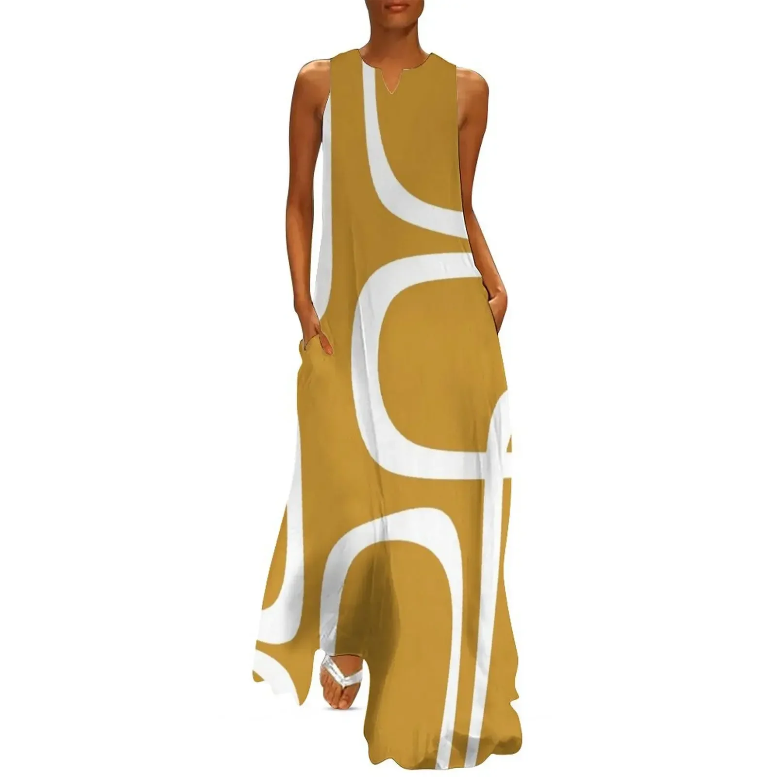 

Midcentury Modern Loops Retro Pattern in White and Mustard Gold Long Dress clothing women summer 2025 Dress