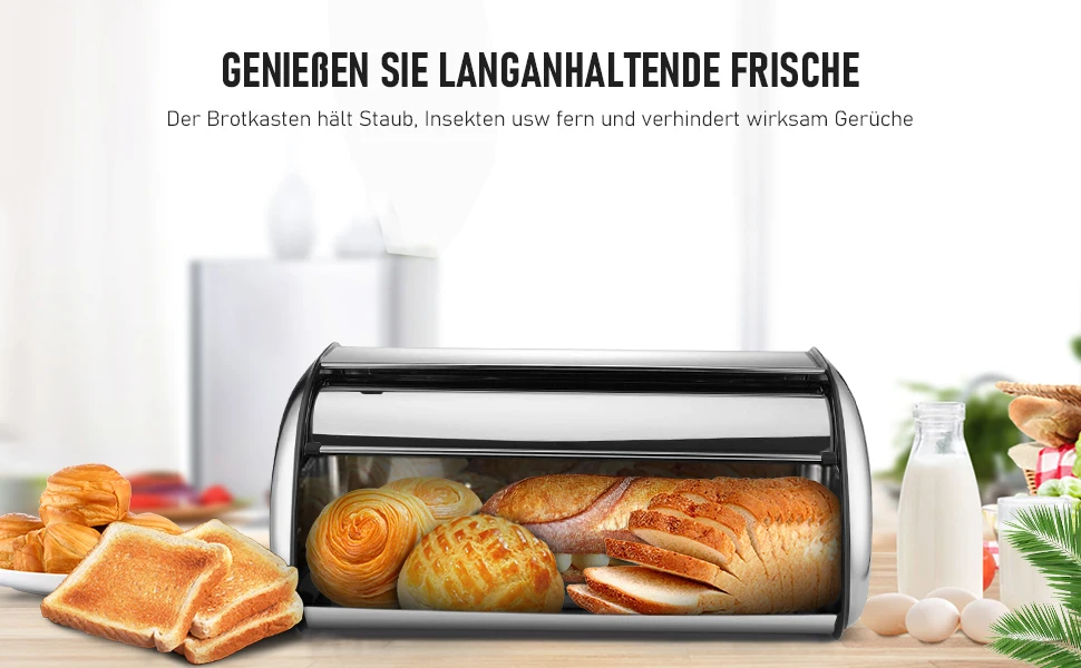 Lebensmittelechte Edelstahl-Brotbox, Brotbox mit Rolldeckel, ca. 44x27x18cm, Aufbewahrungsbox für Brot, Brötchen, Kekse – Detail 2
