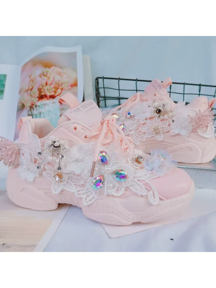 Peach Pink Lace Rhinestone Flower Sweet Girl Dad Shoes Sponge Cake Thick Soled Women's Shoes Japanese Cute Loli Shoes