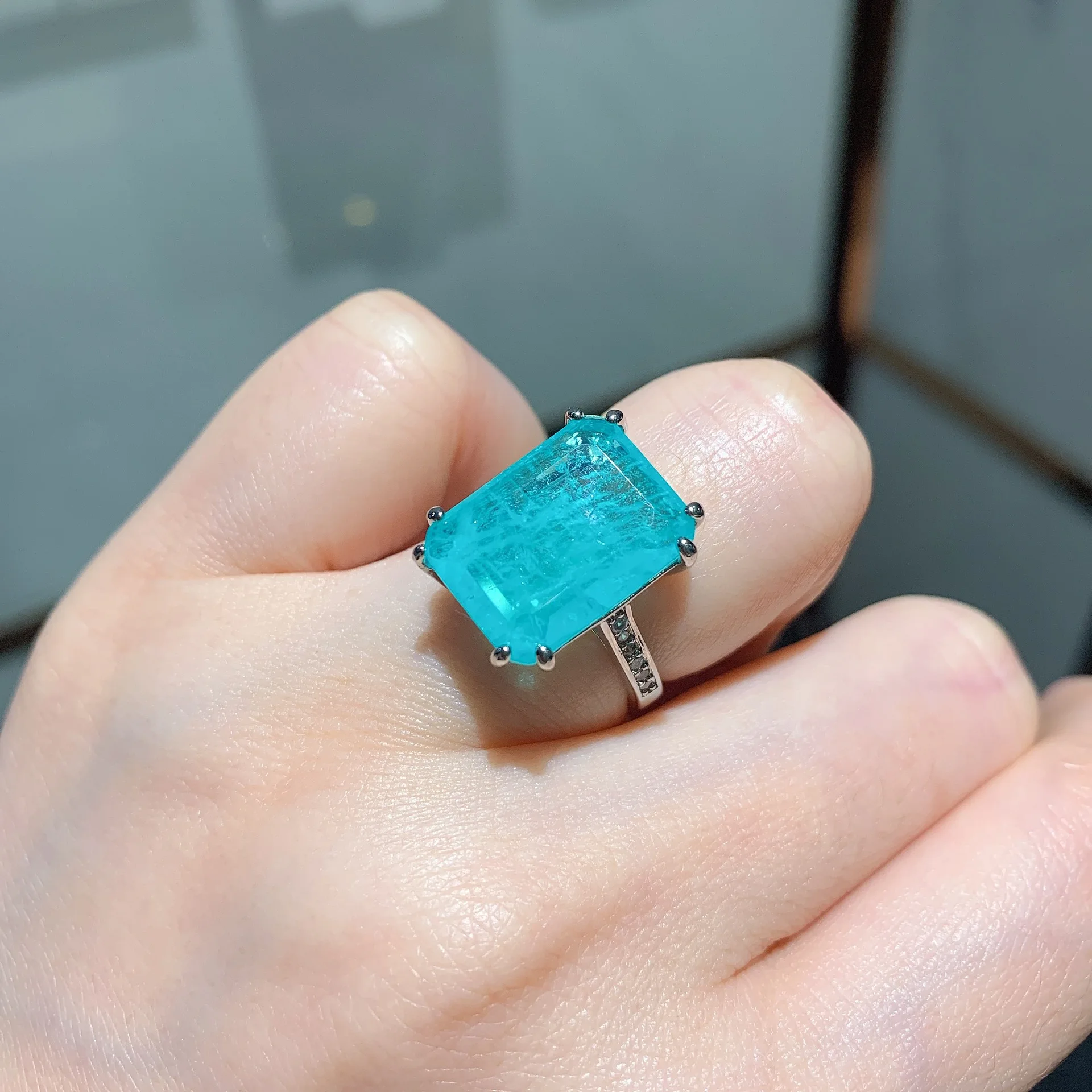 OKILY 2026 Popular Imitation Paraiba Blue and Yellow Treasure Ring Rectangular Inlaid Ring Women's Model for Women Elegant 10*14