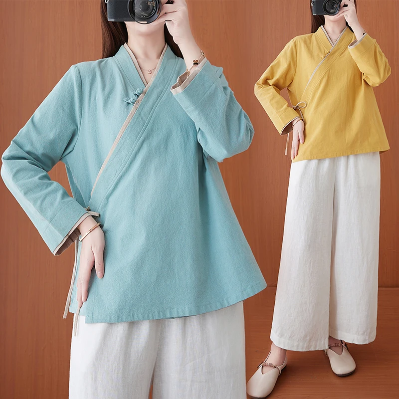 

Retro Zen Style Women's Shirt with Button Design Cotton Linen Asymmetrical Hemline Autumn Collection Traditional Hanfu Tea Co...