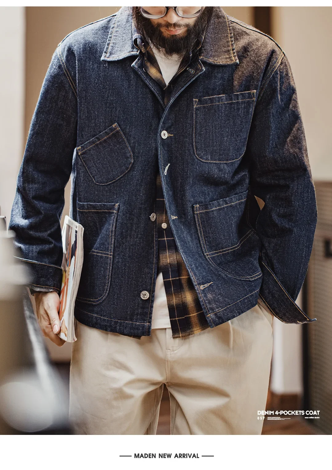 Maden Vintage 4-Pockets 14OZ Jacket for Men Stand Collar Denim