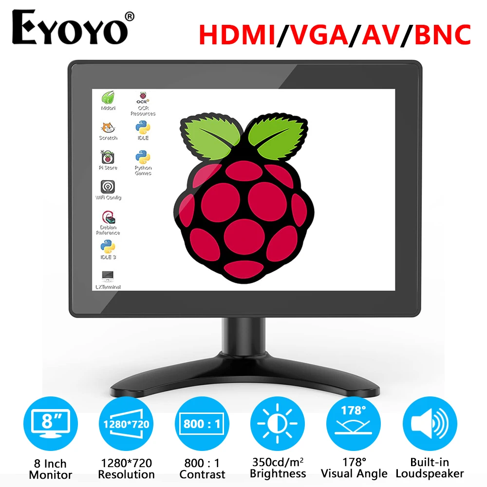 Eyoyo EM08E Small Touchscreen Desktop Monitor HDMI/VGA 1280x720 IPS Display With Speakers&Remote Control,For Raspberry Pi/X-Box