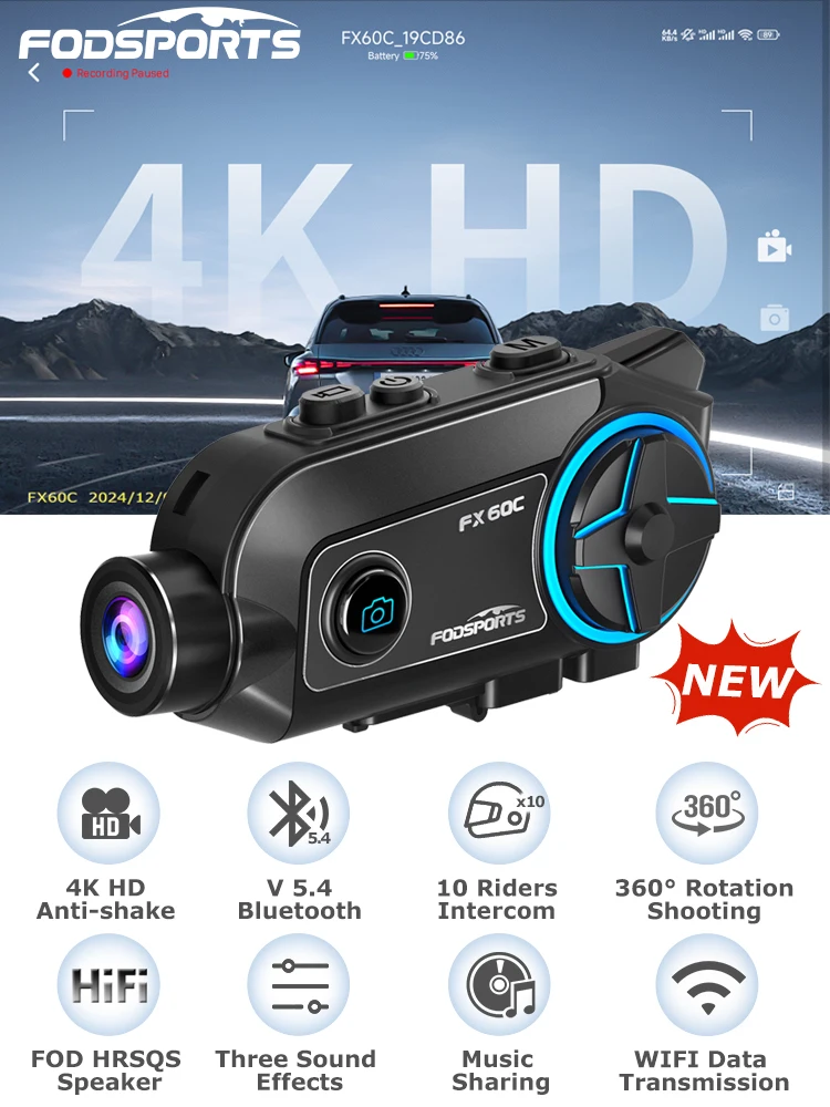 Neues Fodsports FX60C Motorrad-Intercom für 10 Fahrer, Bluetooth-Helm-Headset mit 4K HD+ Anti-Shake-Kamera, BT5.4 Intercomunicador Moto