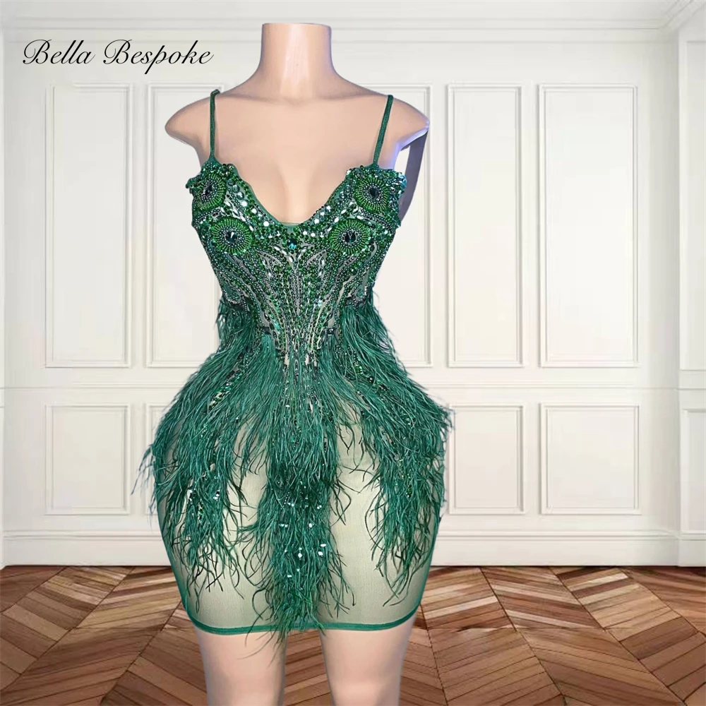 Emerald Green Sweetheart Short Prom Dresses For Black Girls Beaded Crystal 2024 Birthday Luxury Dress Feathers Mini Cocktail