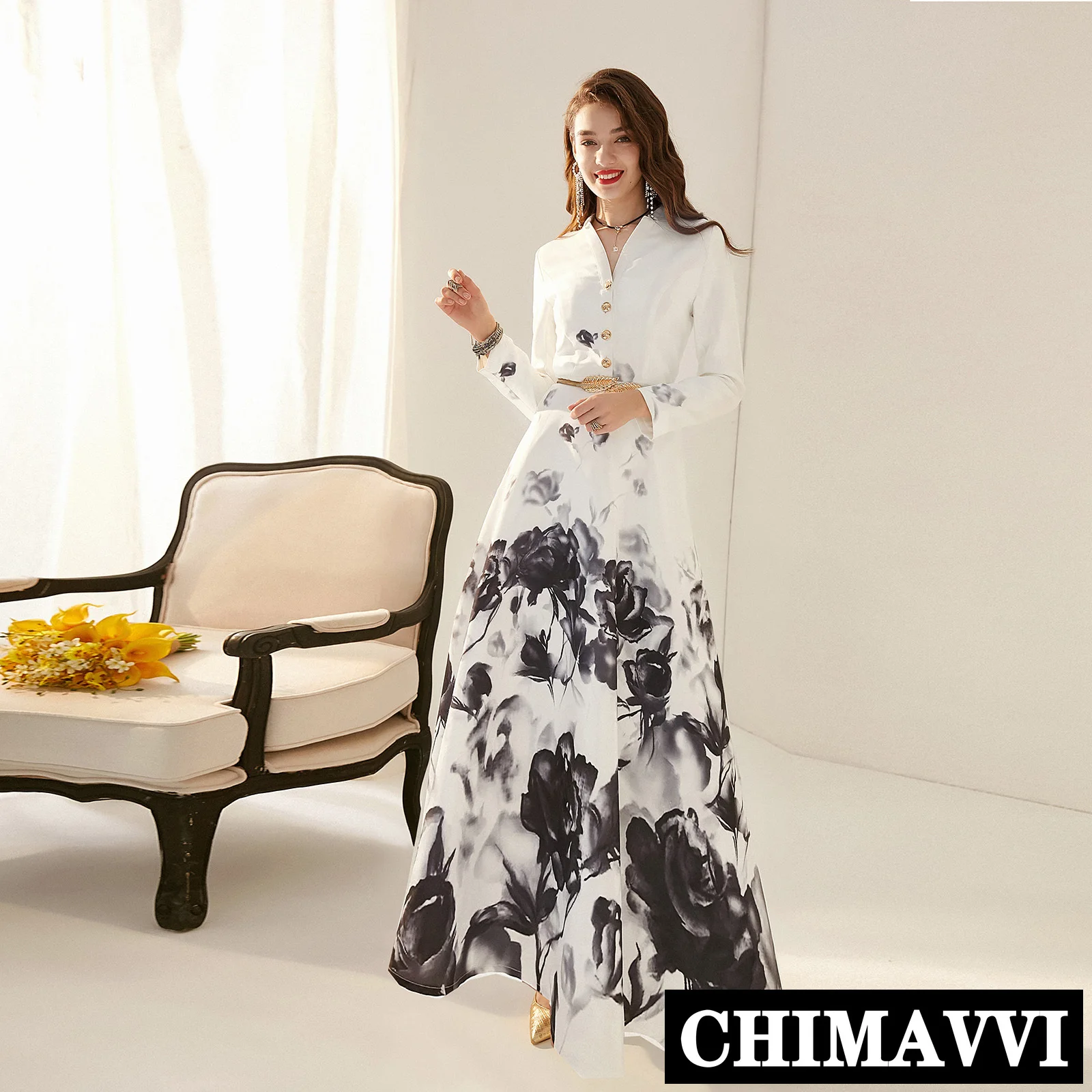 2020 New Spring and Autumn Women V Neck Retro Printed Super Long Dress Ladies Elegant Slim Hepburn Style Maxi Long Dresses