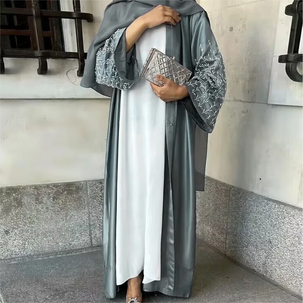 2023 Solid Color Handmade Beaded Dress Gown Muslim Open Abaya Cardigan with Belt Women Islam Clothing Kimono Femme Musulmane