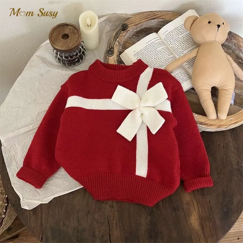 

Baby Girl Cotton Bow Sweater Red Infant Toddler Child Knitted Pullover Top New Year Christmas Valentine Baby Clothes 1-10Y