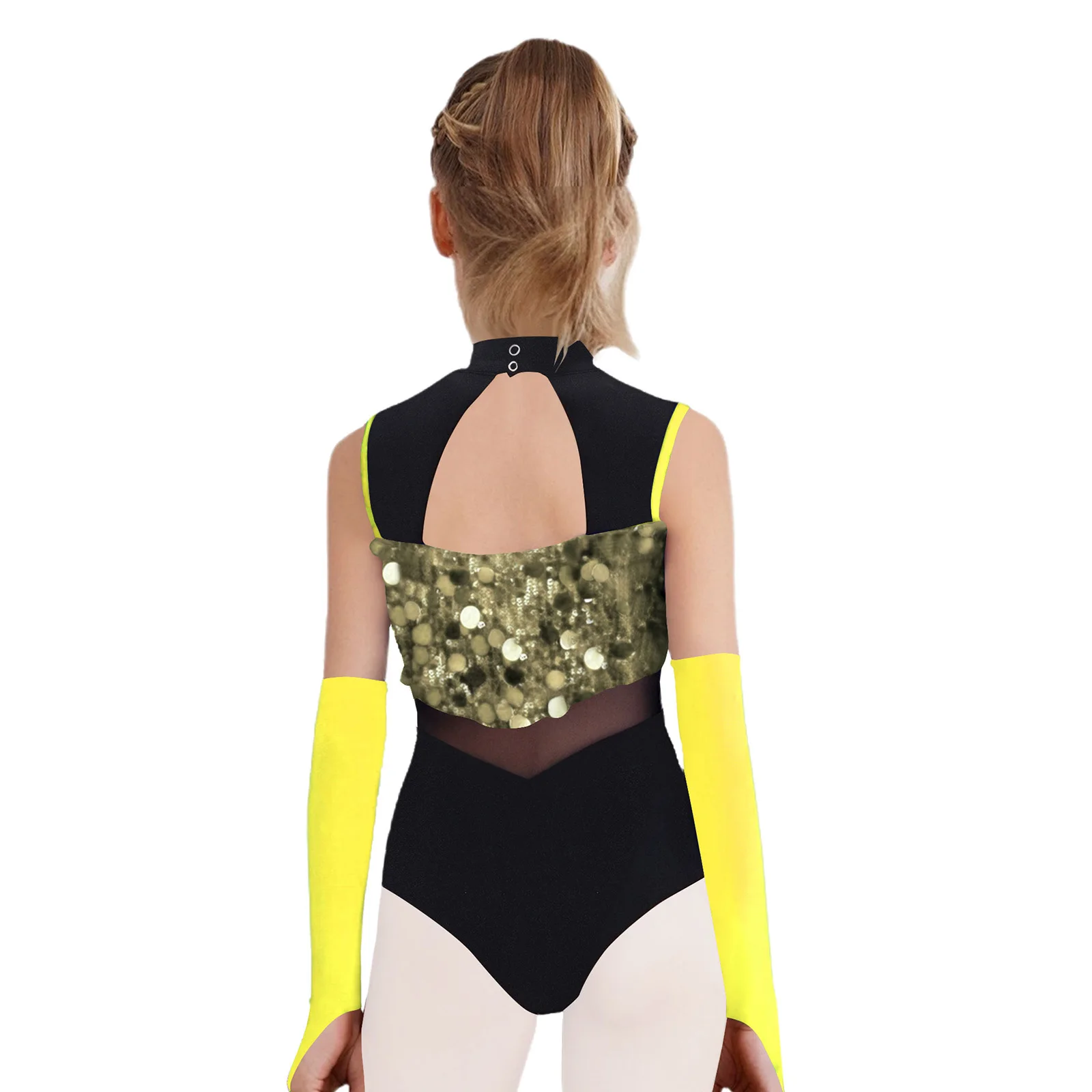 Justaucorps de danse de gymnastique de Ballet à paillettes pour enfants filles avec gants tenue de Performance sans manches découpe dos paillettes ensemble de blocs de couleur
