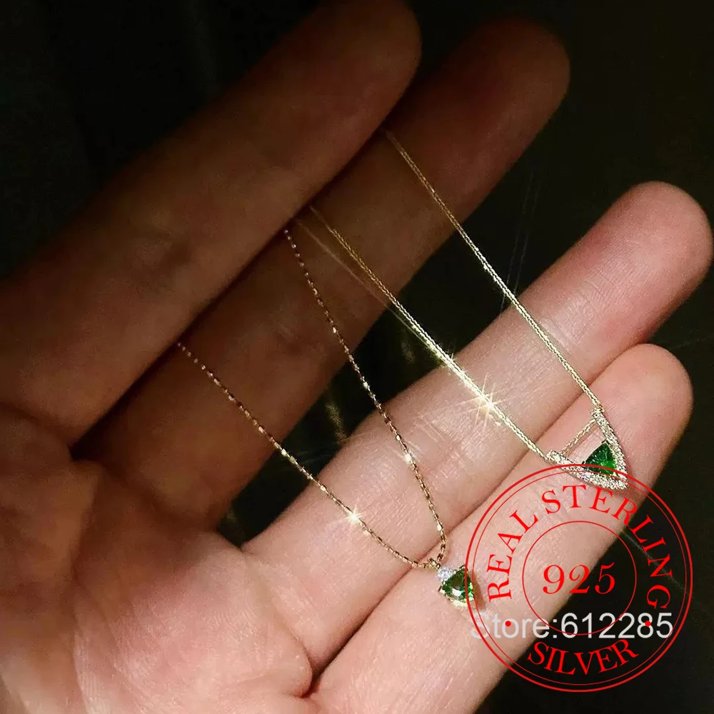 

925 Sterling Silver Green Triangular Zircon Crystal Pendant Necklace For Women Choker Chain Wedding Engagement Jewelry Gift