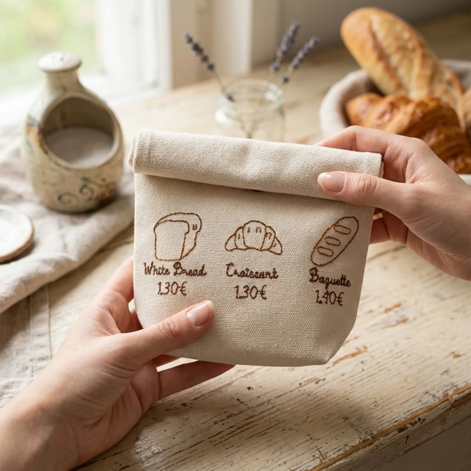 Women's Cosmetic Pouch Travel Organizer Cute Embroidered Bread Canvas Mini Bag for Girls School Office Accessories Durable