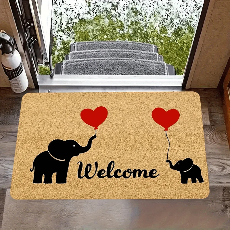 Cute Elephant Family Welcome Door Mat, Red Heart Balloon Non-Slip Coir Entrance Rug for Home Entryway & Nursery Decor
