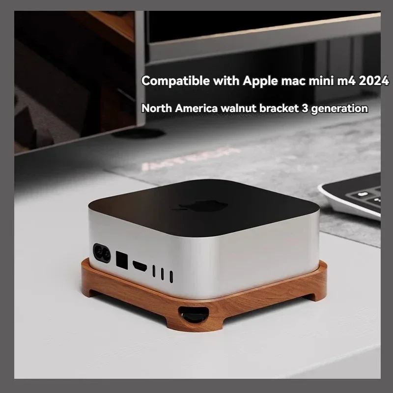 Support en bois massif anti-poussière pour Mac Mini M4, trou de bouton d'alimentation, base en noyer, hôte Apple 2024