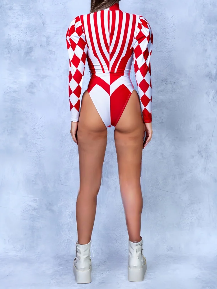 Dunkler Clown Buffon Ärmel-Bodysuit Zirkus-Joker Karneval Feiertagsparty-Jumpsuit Damen Graffiti Gittermuster Enger Strand-Badeanzug 2026 – Detail 5