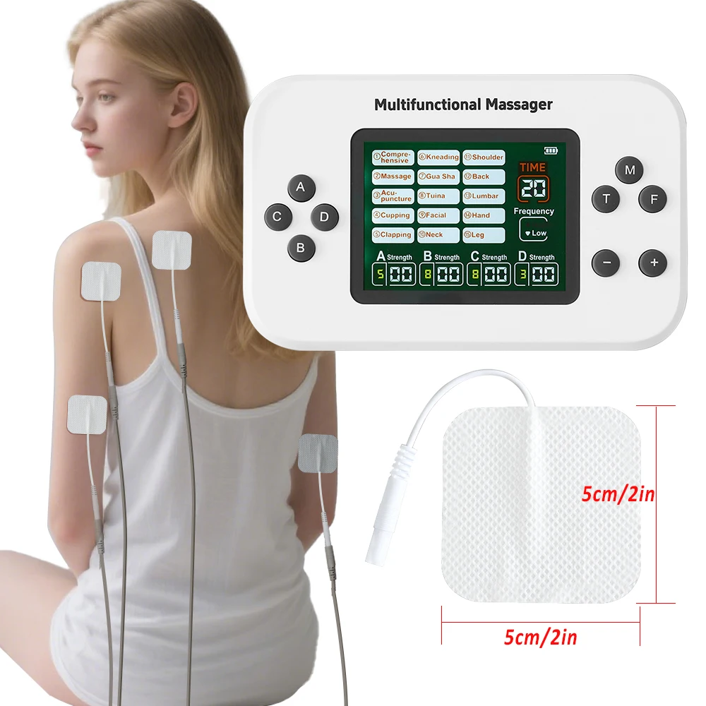 Image 7: Appareil Électrique Rechargeable 30 Niveaux, 4 Sorties TENS, Masseur Multifonctionnel EMS, Stimulateur Nerveux Vibrant, Relaxation, 8 Électrodes