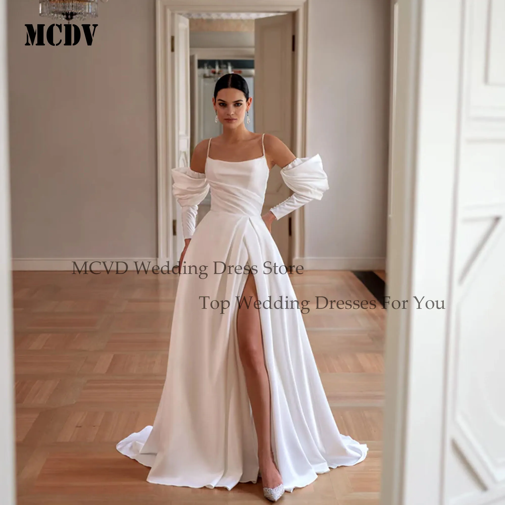

MCDV Satin Elegant Wedding Dresses 2025 Spaghetti Straps A-Line Beading Bride Gowns Customized Side Split Detachable Sleeve