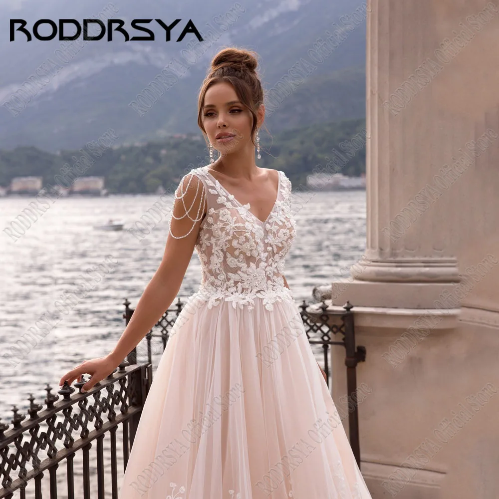 RODDRSYA Beach Sleeveless Wedding Dress For 2024 Bride A-Line Double V-Neck Applique Vestidos De Novia Custom Made Bridal Gowns