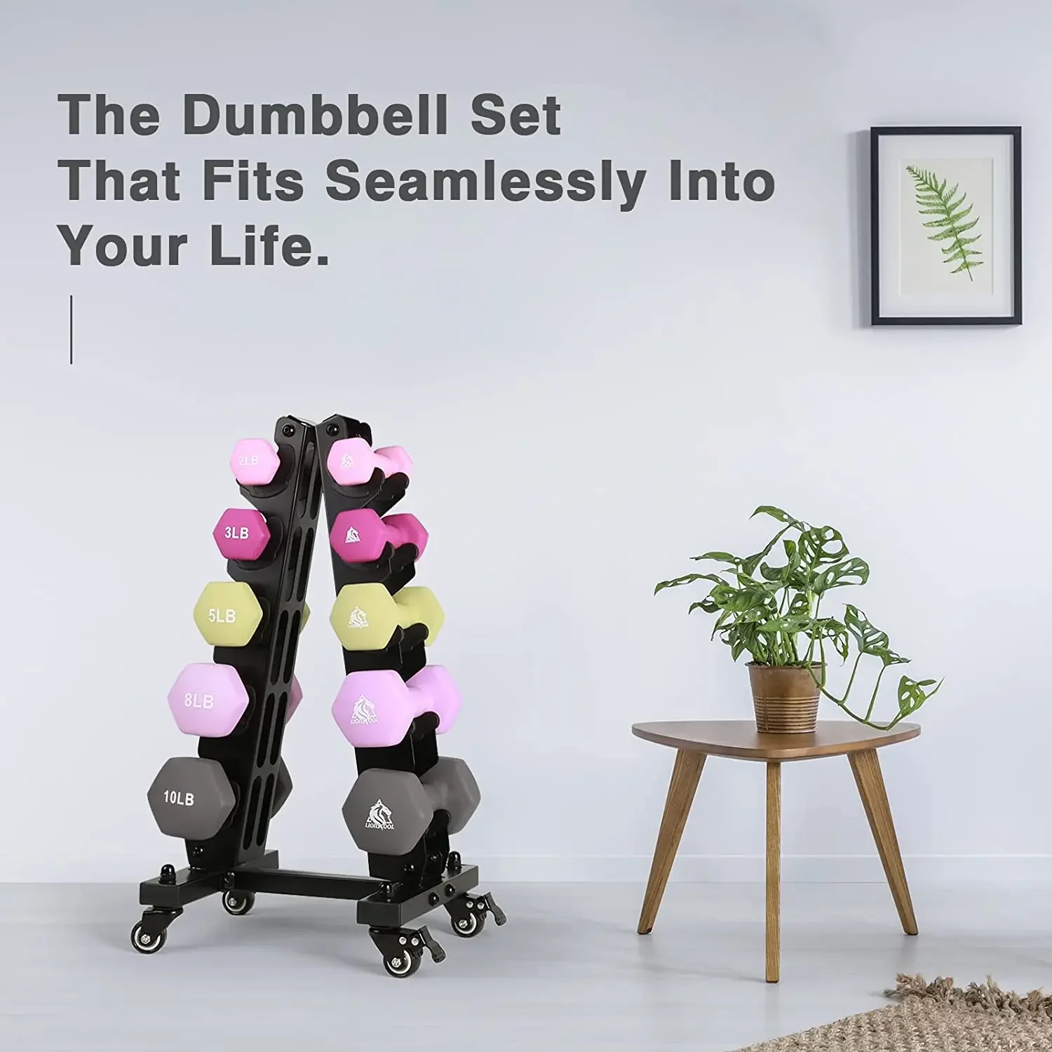 Vinyl dumbbell 1/2/3kg in set with Plastic rack