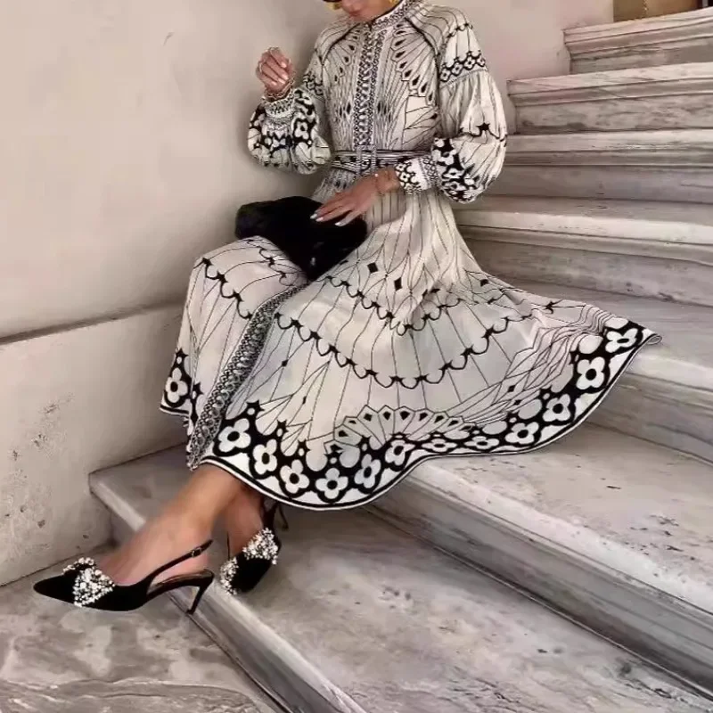 

Винтажное длинное платье для женщин с поясом на талии, весеннее миди-платье с рукавами-фонариками, элегантные платья, модная женская одежда