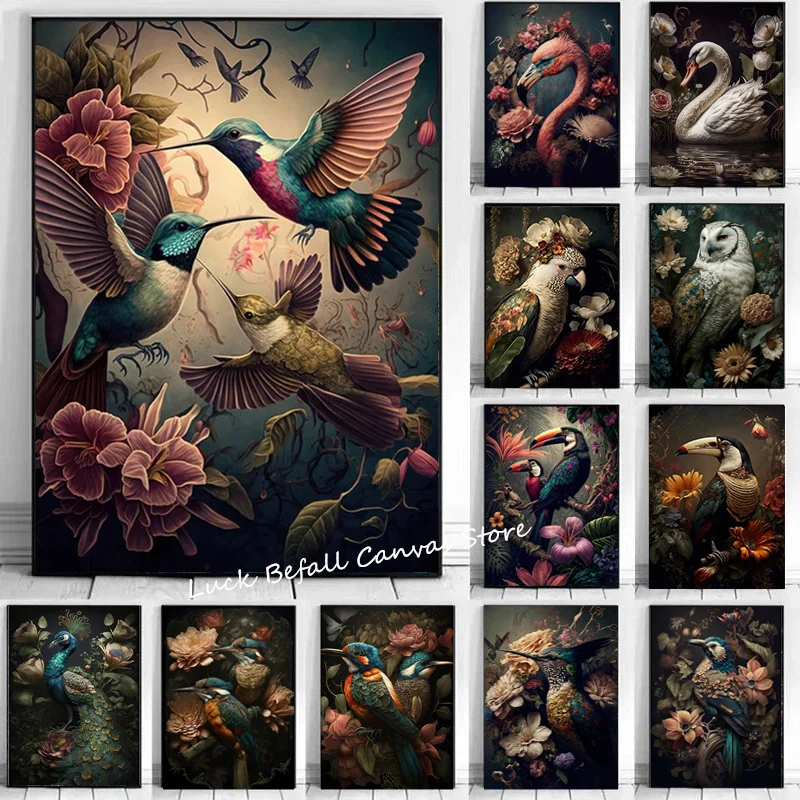Póster Retro de Flores y Aves, Pintura en Lienzo de Pescador, Búho, Tucán y Flamenco, Decoración de Pared con Animales, Pintura Decorativa para Sala de Estar