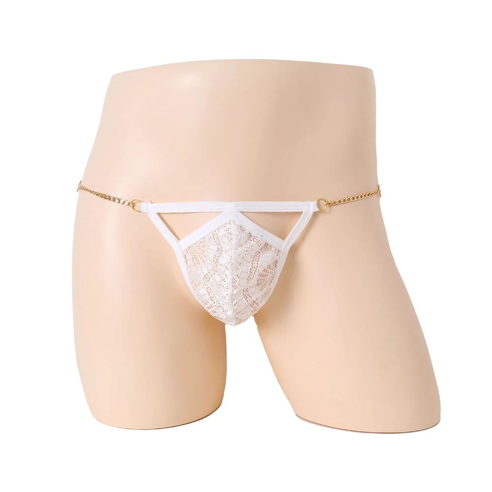 

Мужское нижнее белье с цепочкой, ажурные стринги, регулируемые блестящие трусики-танга с карманом для выпуклости, кружевные трусики