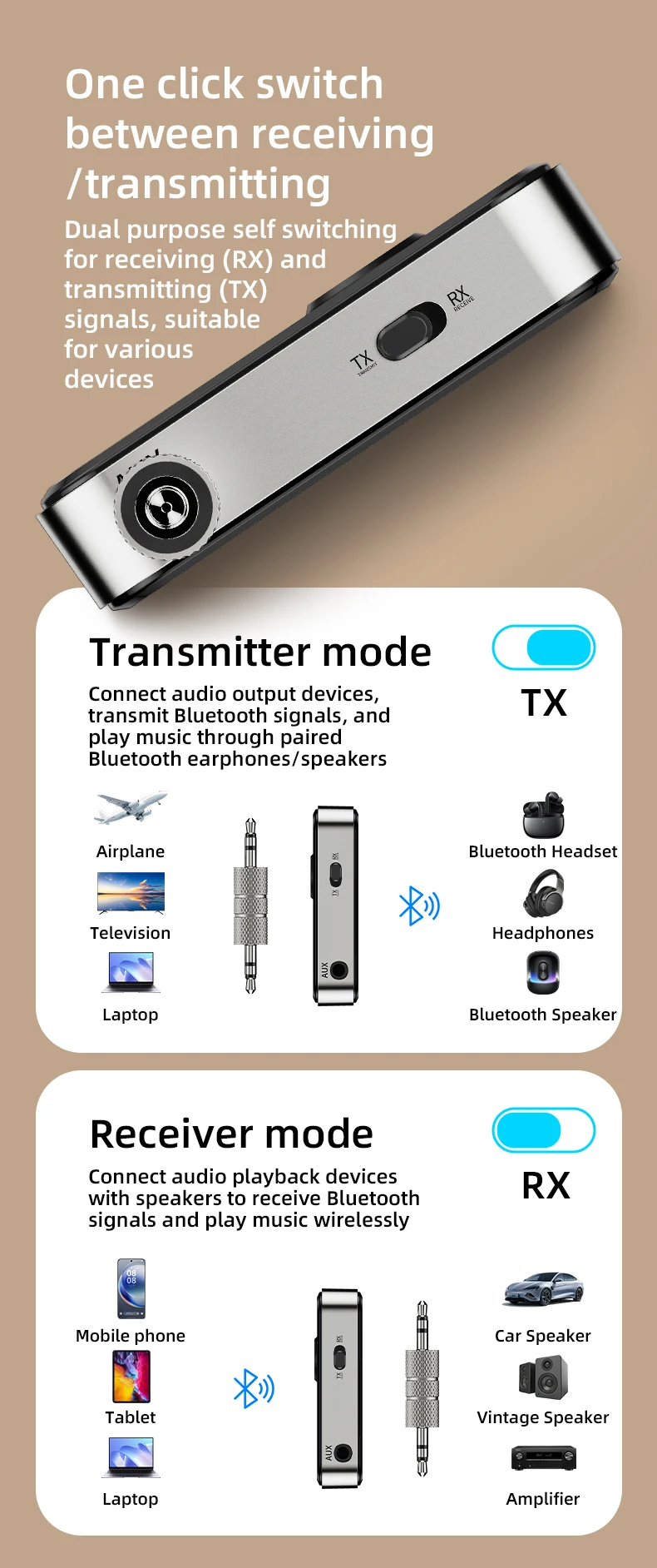 Bluetooth 5.4 Sender Empfänger 2 in 1 Wireless Audio für Auto Musik Kopfhörer Lautsprecher 3,5 mm Klinke AUX Wireless Audio Adapter – Detail 3