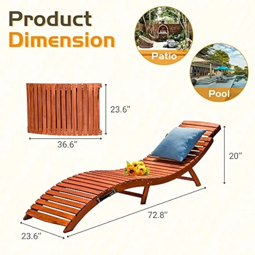 Wood Folding Chaise Lounge Chair Set of 2 Weatherproof Extended Sun Lounger with Adjustable Headrest for Patio, Balcony Poolside