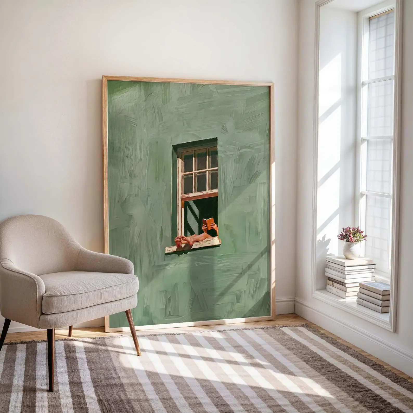 Woman Reading in Window PrintCanvas Wall Print, Modern Art Illustration, High‑Grade Home Decoration Artwork for Bedroom, Living