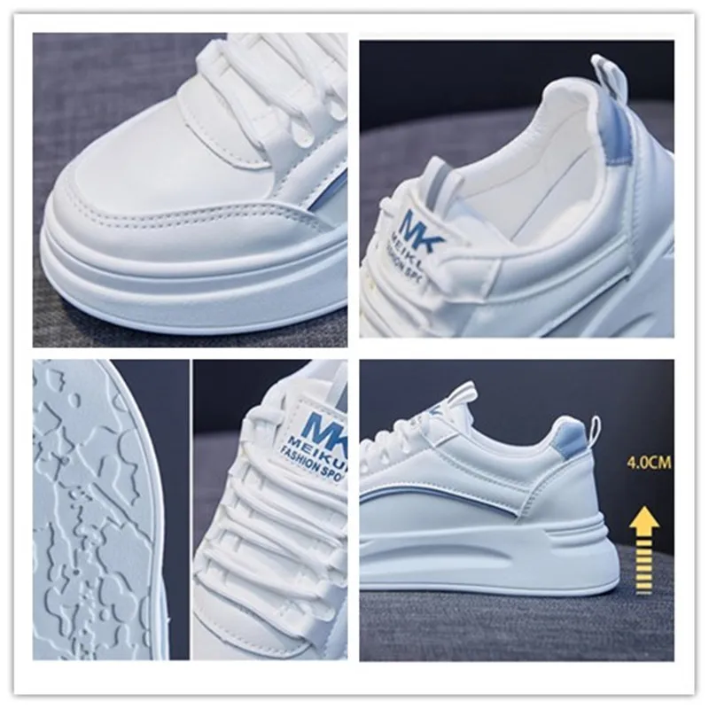 Women White Sneakers Female Increase4cm Thick Bottom Non-slip Leather Women Chunky Sneakers Original Tennis with Platform Female