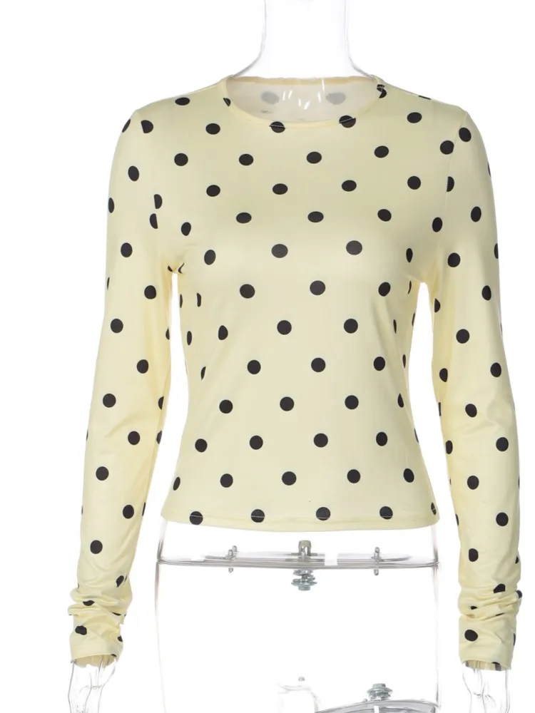 

Women's Clothing 2026 Autumn New Arrival Round Neck Long Sleeve Polka Dot Print T-Shirt Slim Simple Style Contrast All-match
