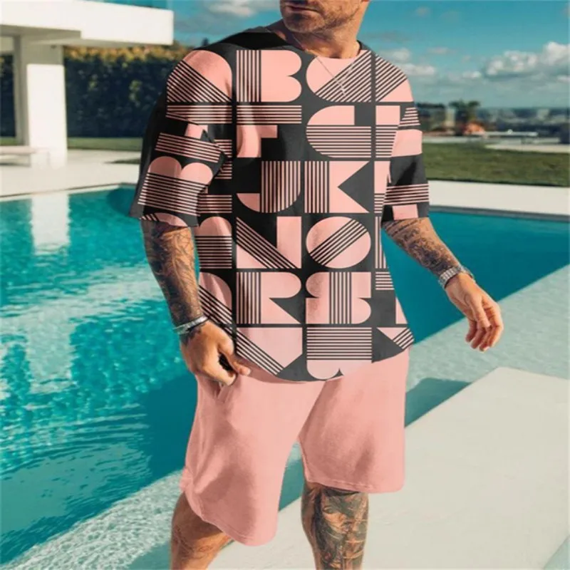 Summer Beach Men\'s Tshirt Set 3D Print Geometric Pattern Men Woman Round Neck T-Shirt Shorts Two Piece Set Casual Man Clothing