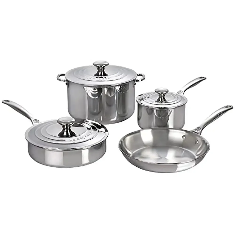 7 pc. Triple-Layer Stainless Steel Cookware Set Superior Heat Distribution & Prevents Scorching Iconic Three-Ring Lid with Steam