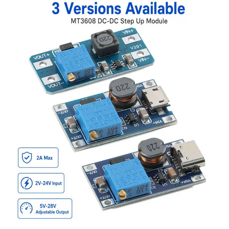 5 uds/1p MT3608 DC-DC módulo de refuerzo ajustable 2A DC módulo convertidor de aumento 2-24V a 5V 9V 12V 28V amplificador de módulo de potencia