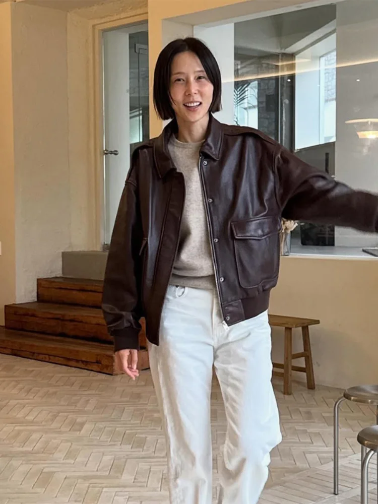 Women Dark Brown Faux Leather Lapel Multi-pocket Jacket Stand Collar Bomber Coat 2026 Autumn Latest Casual Streetwear Outfit