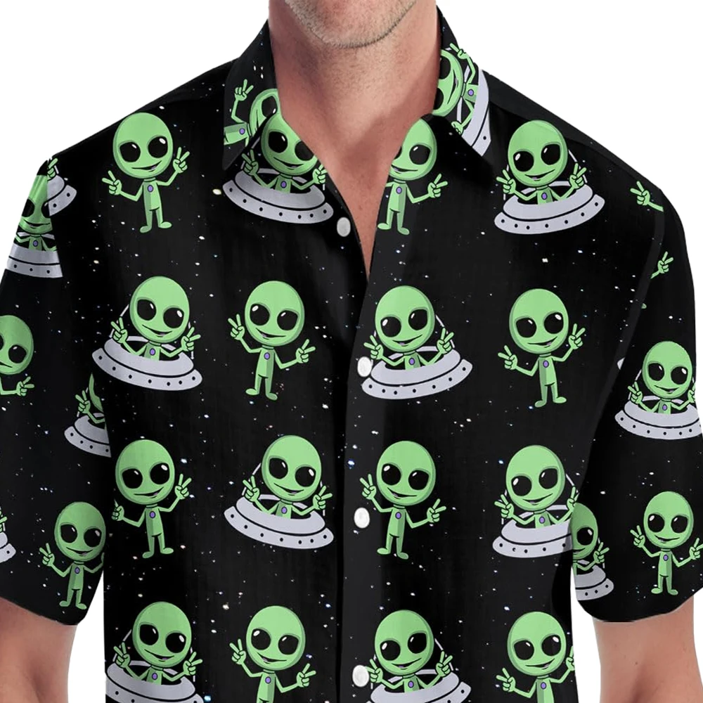 Men's Shirt Funny Alien Graphic Shirts Oversized  3d Printed Pattern Male Clothing Casual Shirt Lapel Tops Button Summer Apparel