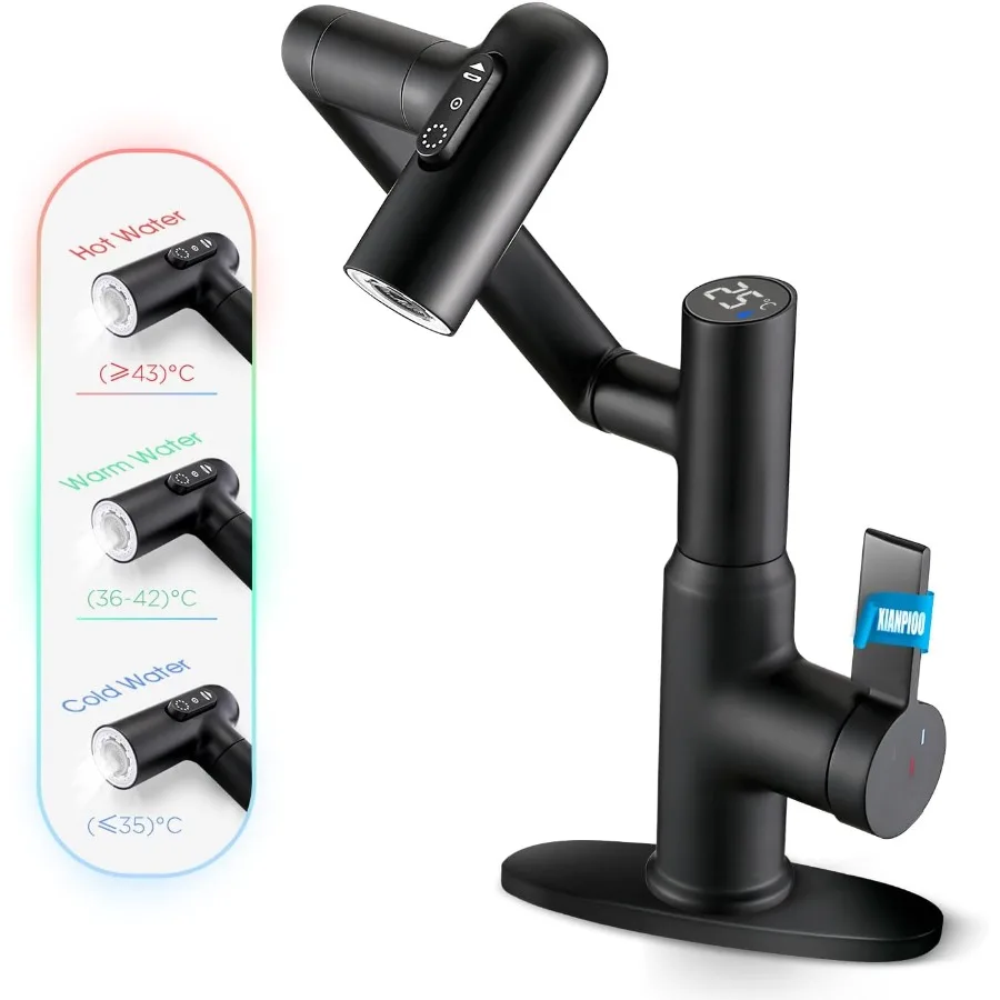 

Смеситель для раковины в ванной, вращающийся смеситель с дисплеем температуры по Цельсию, без батареек 1080 ° Поворотный смеситель с 3 режимами воды, черный