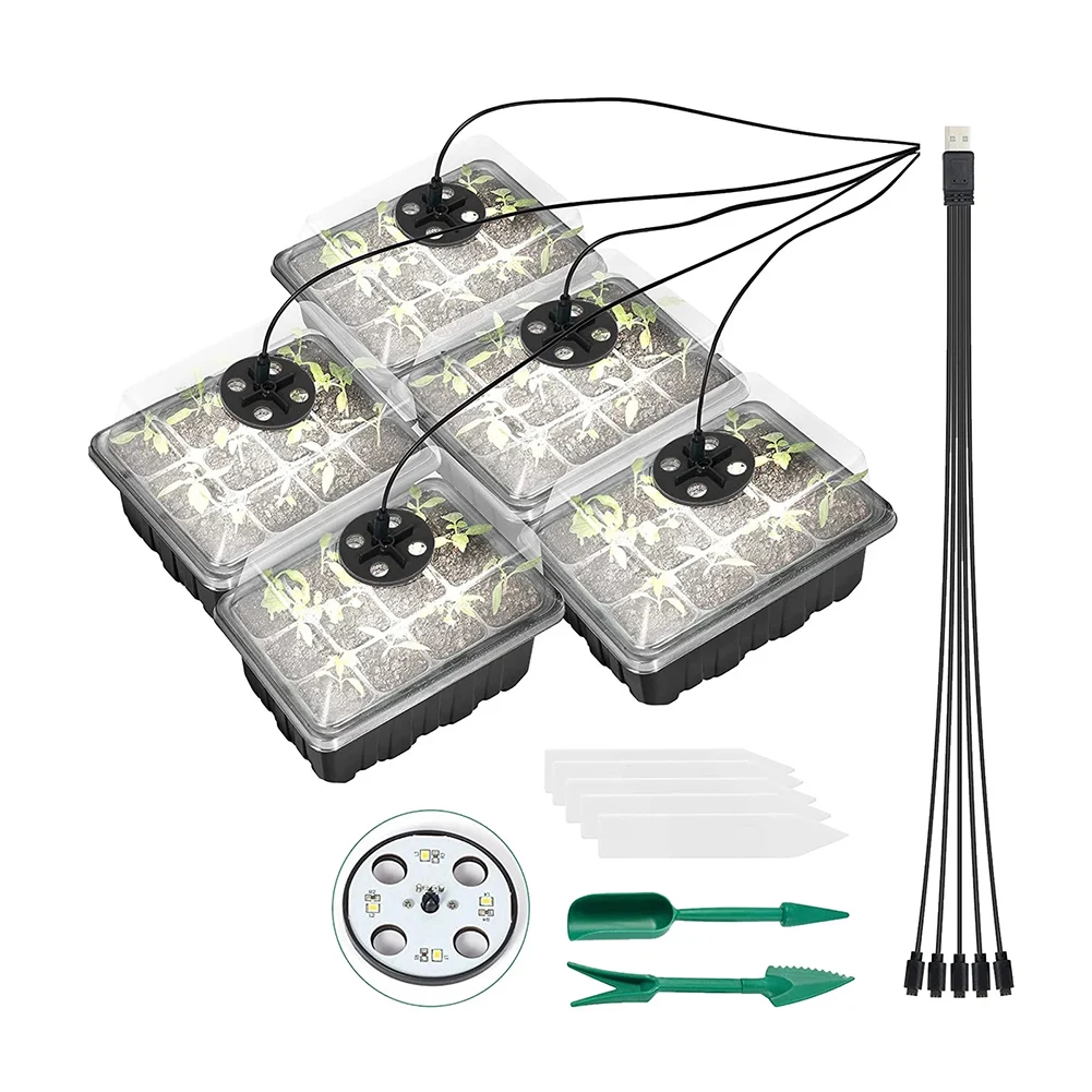 Full Spectrum LED Grow Light with Seedling Tray Plant Seed Starter Trays, Greenhouse Growing Trays with Holes 12 Cell Per Tray