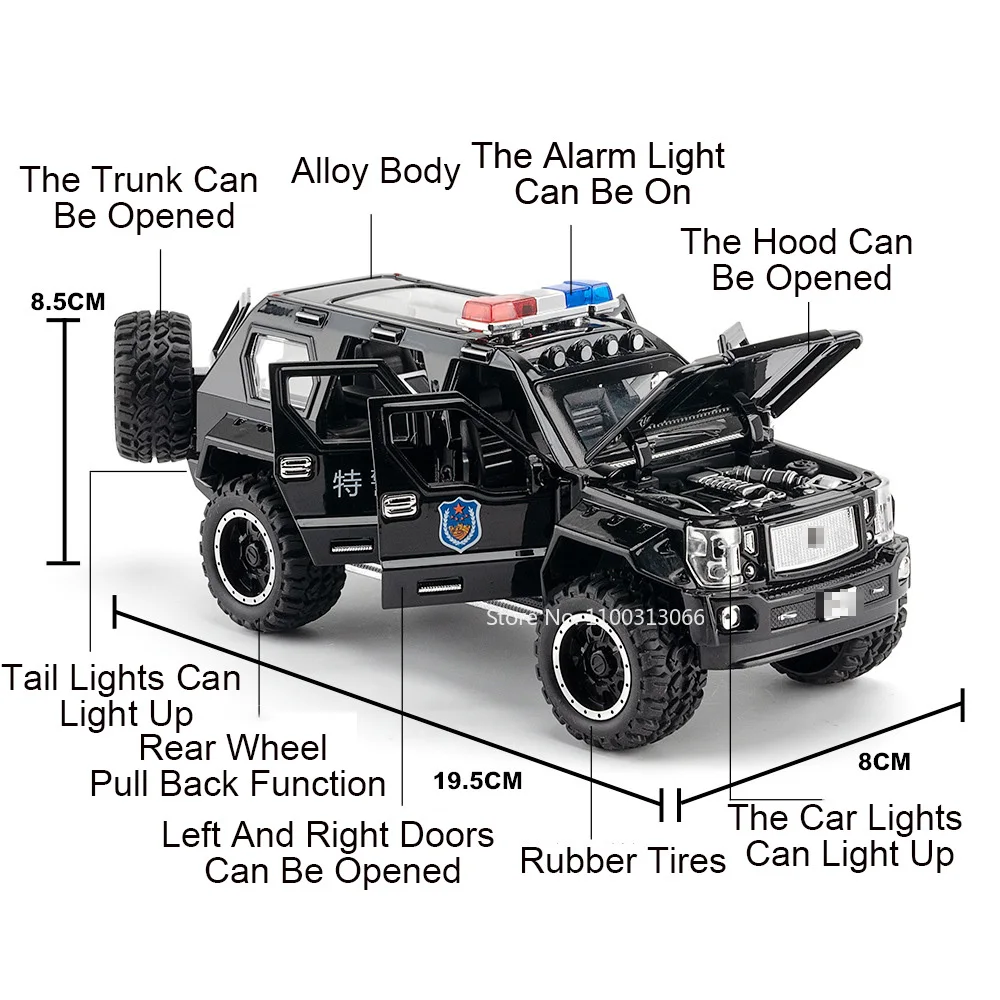 1:24 Scale Alloy QiaoZhiBaDun H2 Police Car Models Toys 6 Doors Opened Vehicles Wheel Pull Back Cars Adult Kids Birthday Gifts