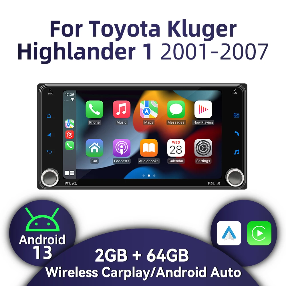 

2Din Android Radio Car Multimedia for Toyota Kluger Highlander 1 2001-2007 Head Unit GPS Stereo 7" Screen Wireless Carplay